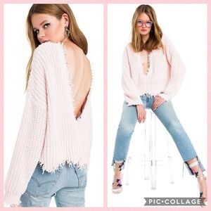 Wildfox Womens Medium Pink Deep-V Reversible Palmetto Sweater Fringe Cotton